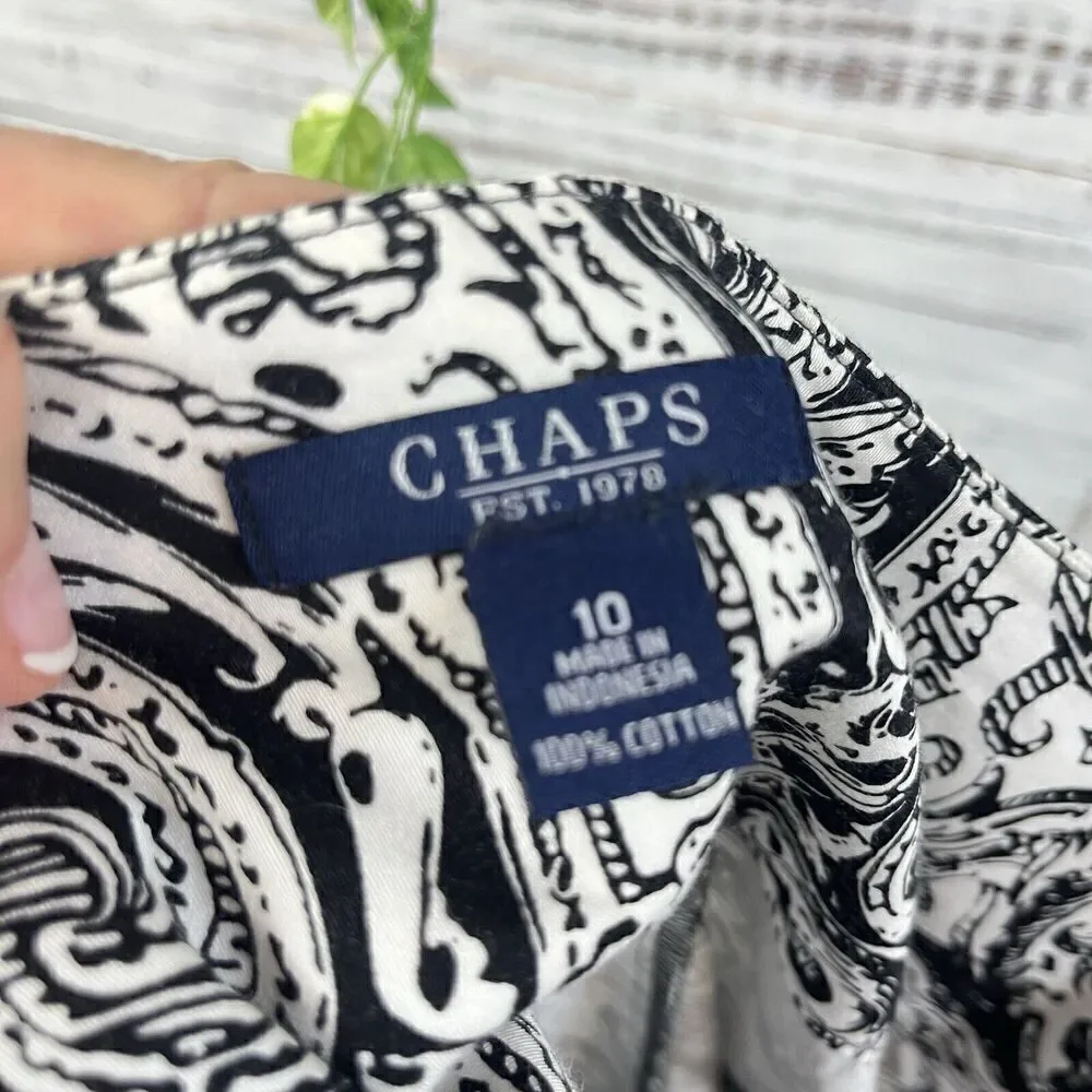 Chaps Skirt size 10 Black White Paisley Knee Full Boho Peasant Modest Summer